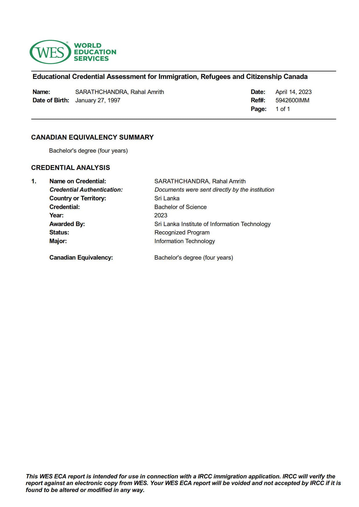 WES Credential Assessment
